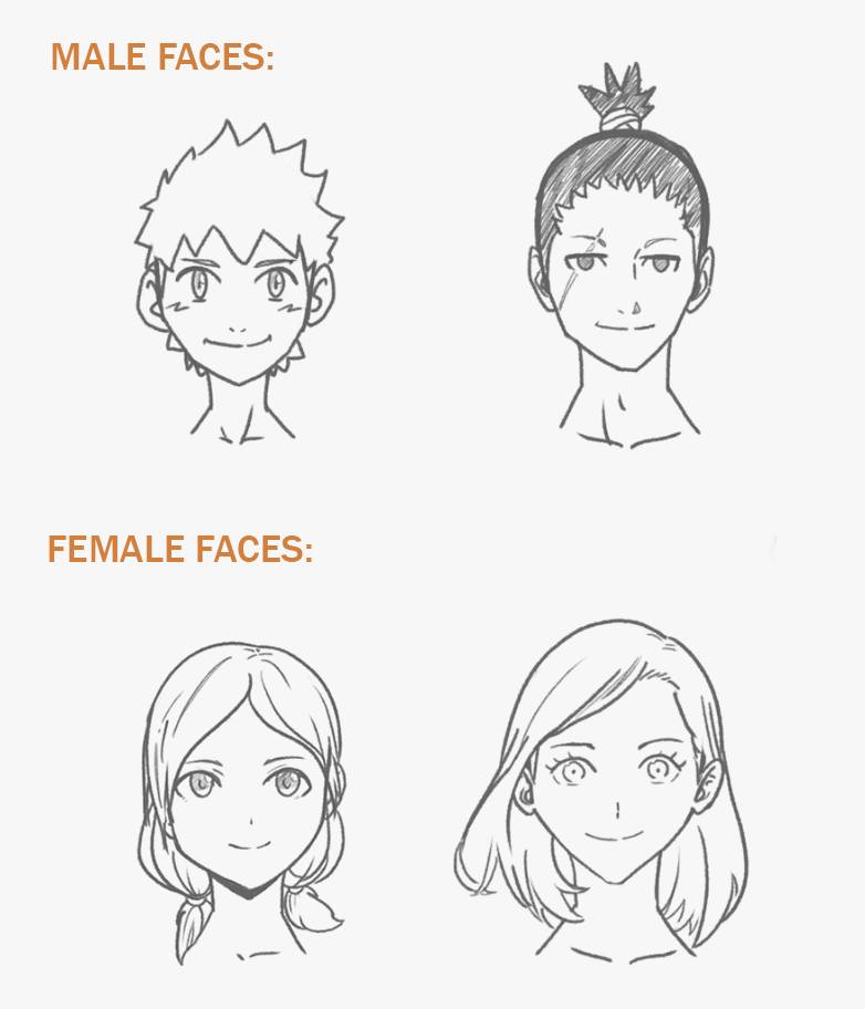 Exemplos de rostos de mangá da aula do Sensei na Skillshare para iniciantes. 