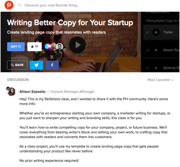 A screenshot from the Product Hunt post announcing Allison Esposito’s Skillshare class.