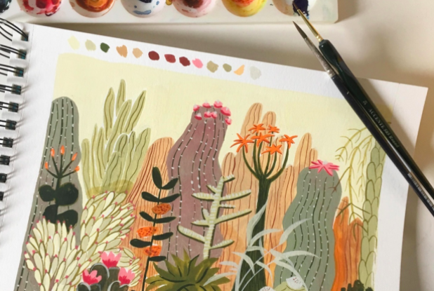 Skillshare student Nele Ooms used muted tones of gouache paint to create this cactus- and desert-inspired painting.