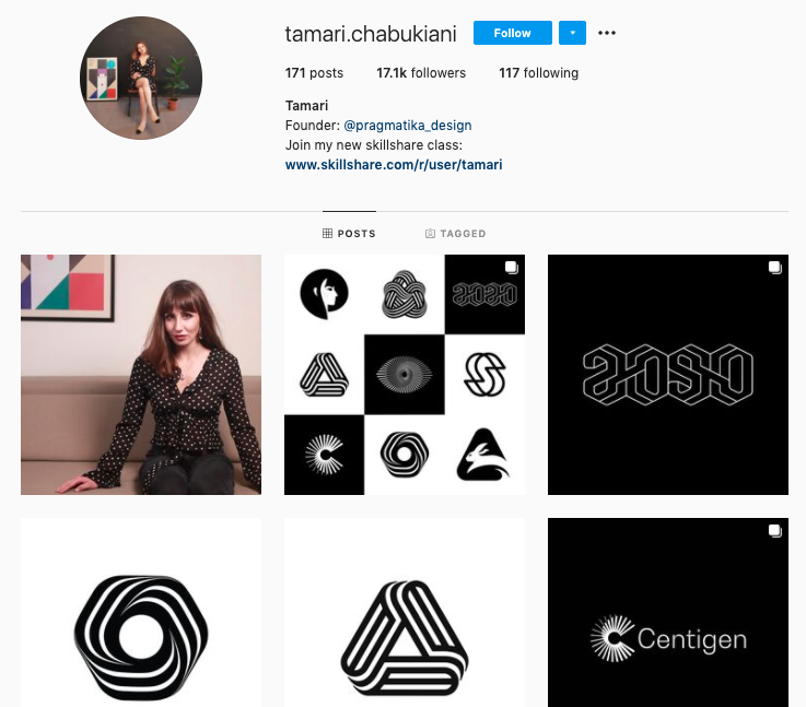 Tamari Chabukiani’s Instagram grid is filled with geometric, black and white designs.