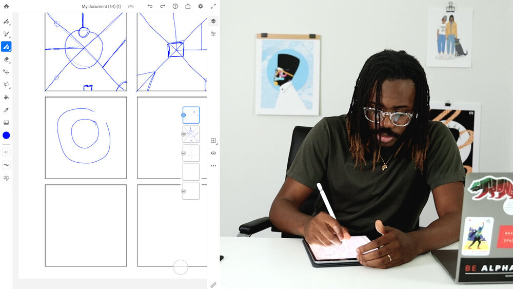 Temi sketches thumbnails for his graphic album cover using Adobe Fresco.