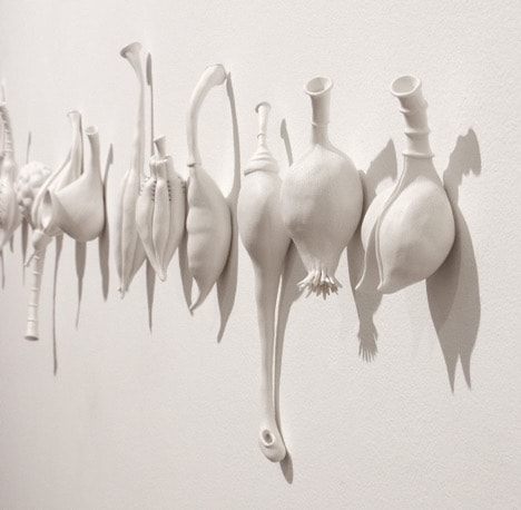 Sarah Rayner, A short story from a long tale, 2019 (21 Hand Carved Porcelain pods). Photo: Lucy-belle Rayner