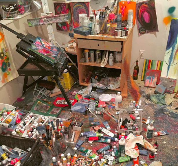 Artist Keely Sorette says she comes up with her best pieces and ideas when her studio looks like this.