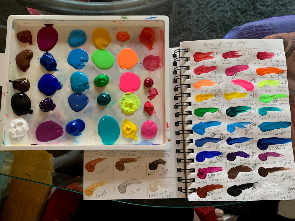 Trabalho da estudante Rachel Ream para o curso de Pintura acrílica para iniciantes: crie um caderno de esboço permanente de técnicas e receitas de cores .