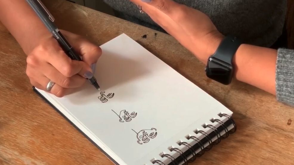 Skillshare teacher Attabeira German repeats the same continuous line drawing over and over during practice to stay on top of her one-line drawing skills.