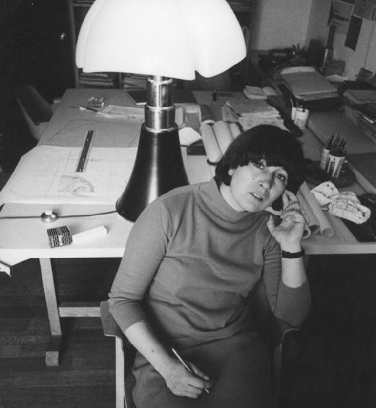 Image via Instagram @riedizoneartoriaofficial Gae Aulenti with her “bat lamp,” now part of the MOMA permanent collection.