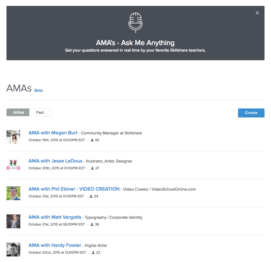 Screenshot of new AMAs section on Skillshare