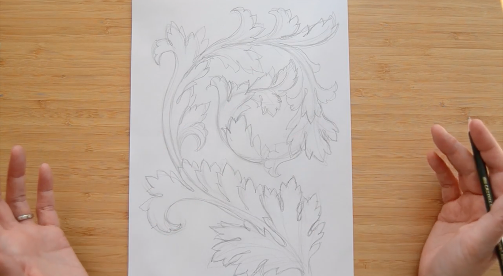 Skillshare instructor Bärbel Dressler creates a complicated scroll using the acanthus leaf.