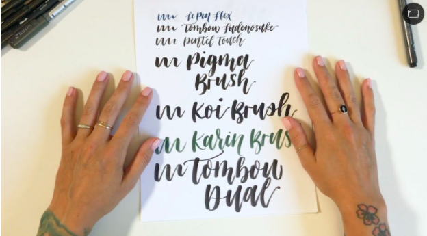 Skillshare teacher Peggy Dean demonstrates a range of different brush lettering pens, from small to large.
