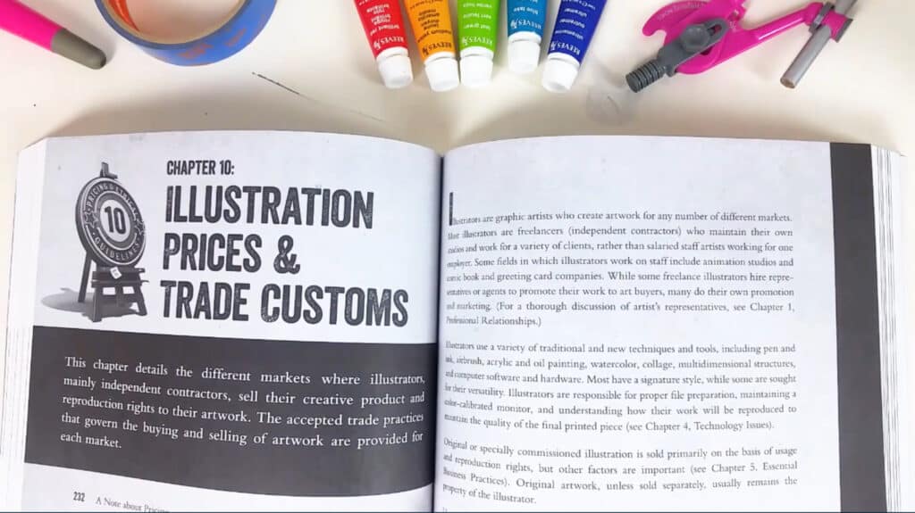 A book laying open on a white tabletop. The title at the top of the left page reads ‘Chapter 10: Illustration Prices and Trade Customs.’