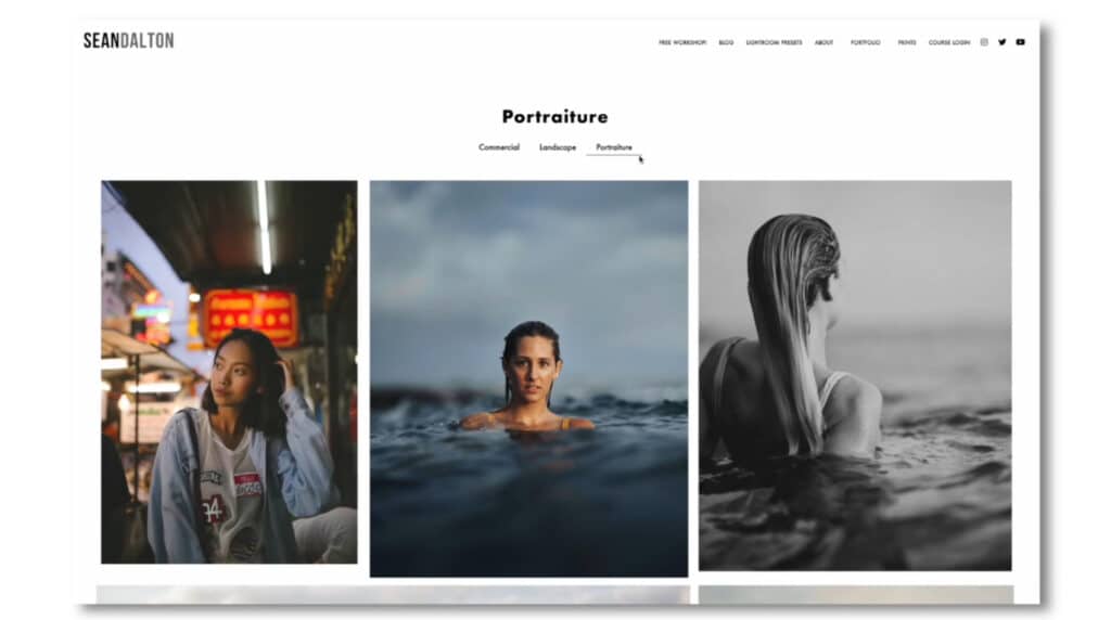 The portfolio website of photographer Sean Dalton. The visible page is titled ‘Portraiture’ and features three portraits of women arranged side-by-side against a white background. 