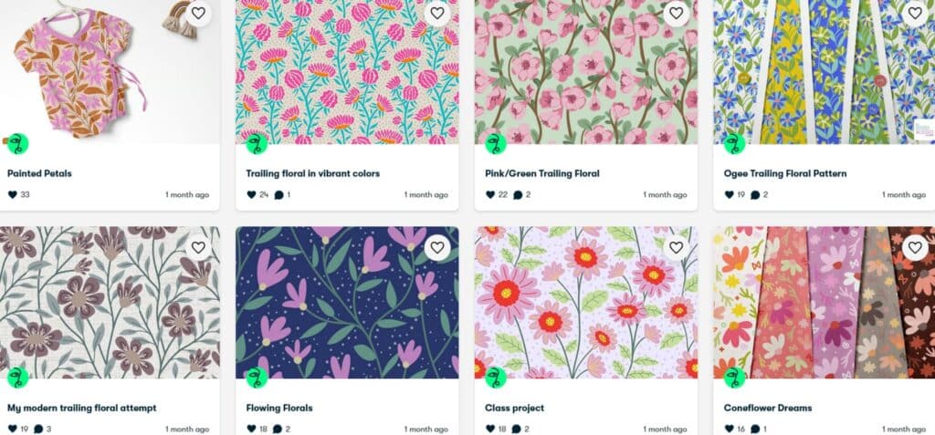 The ‘projects and resources’ section of a Skillshare class on creating floral patterns in Adobe Illustrator. The section is filled with images of students’ floral patterns, each of which has several likes, and many of which have multiple comments. 