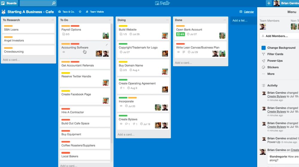 A sample team Trello board from Brian Cervino's Skillshare class, Productivity & Time Management: Get More Done.