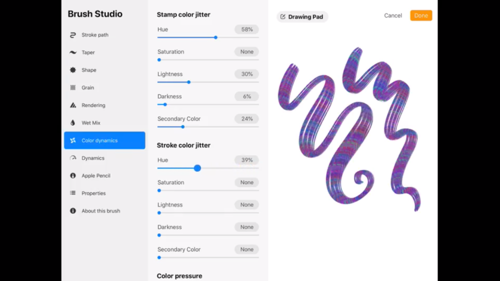 With the new Color Dynamics tool in Procreate 5, you can create a custom brush that changes color and saturation depending on the pressure you apply with your stylus.