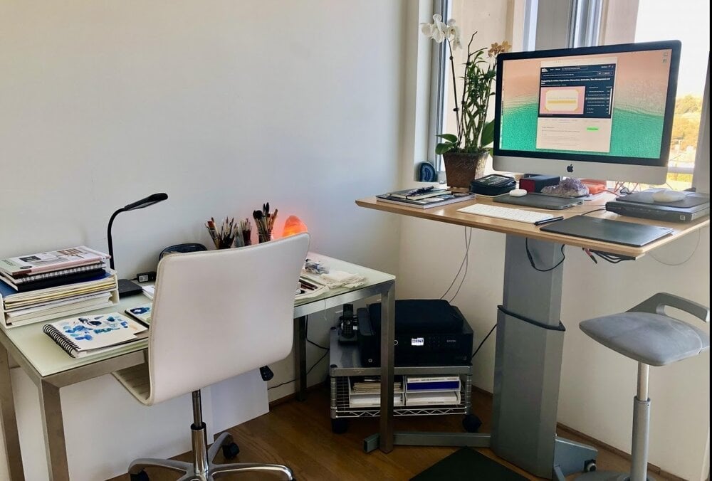 Beyond just being good for you, a standing desk like Skillshare student Lisa Rose’s can help you save space. 