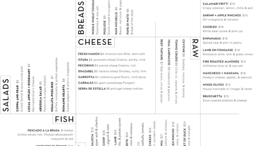 A restaurant menu divided into sections such as ‘salads,’ ‘breads,’ ‘fish,’ ‘cheese’ and ‘raw.’