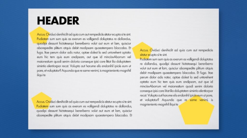 A few paragraphs of sample text on a gray background. Several yellow hexagons in various sizes are visible behind the text. 