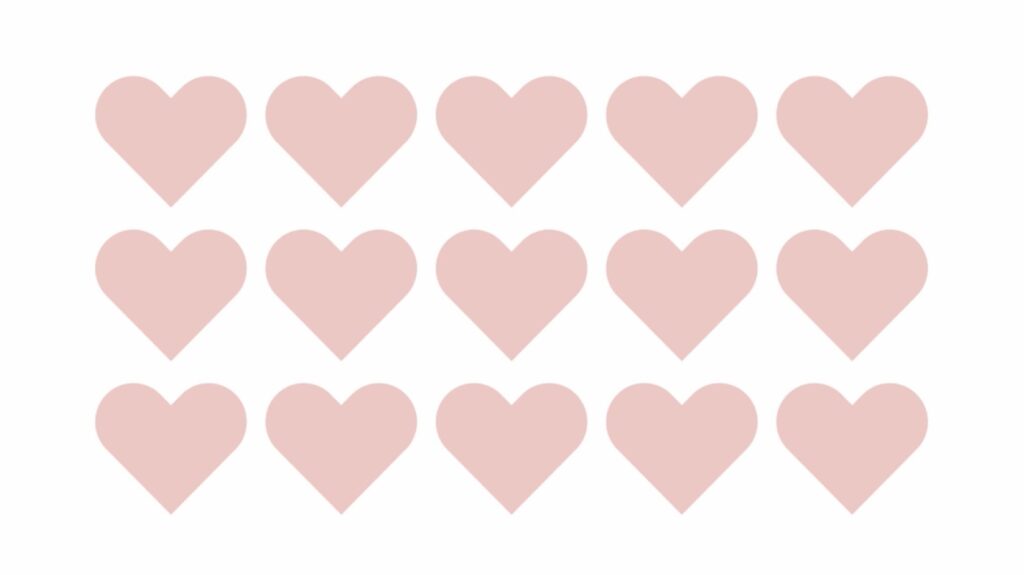 A grid of fifteen light pink hearts arranged in neat columns and rows. 