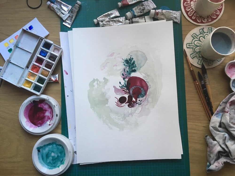 Photo from Skillshare Staff Pick    Abstract Watercolor Paintings: Explore Through Freeform & Planned Process    with Marie-Noëlle Wurm.