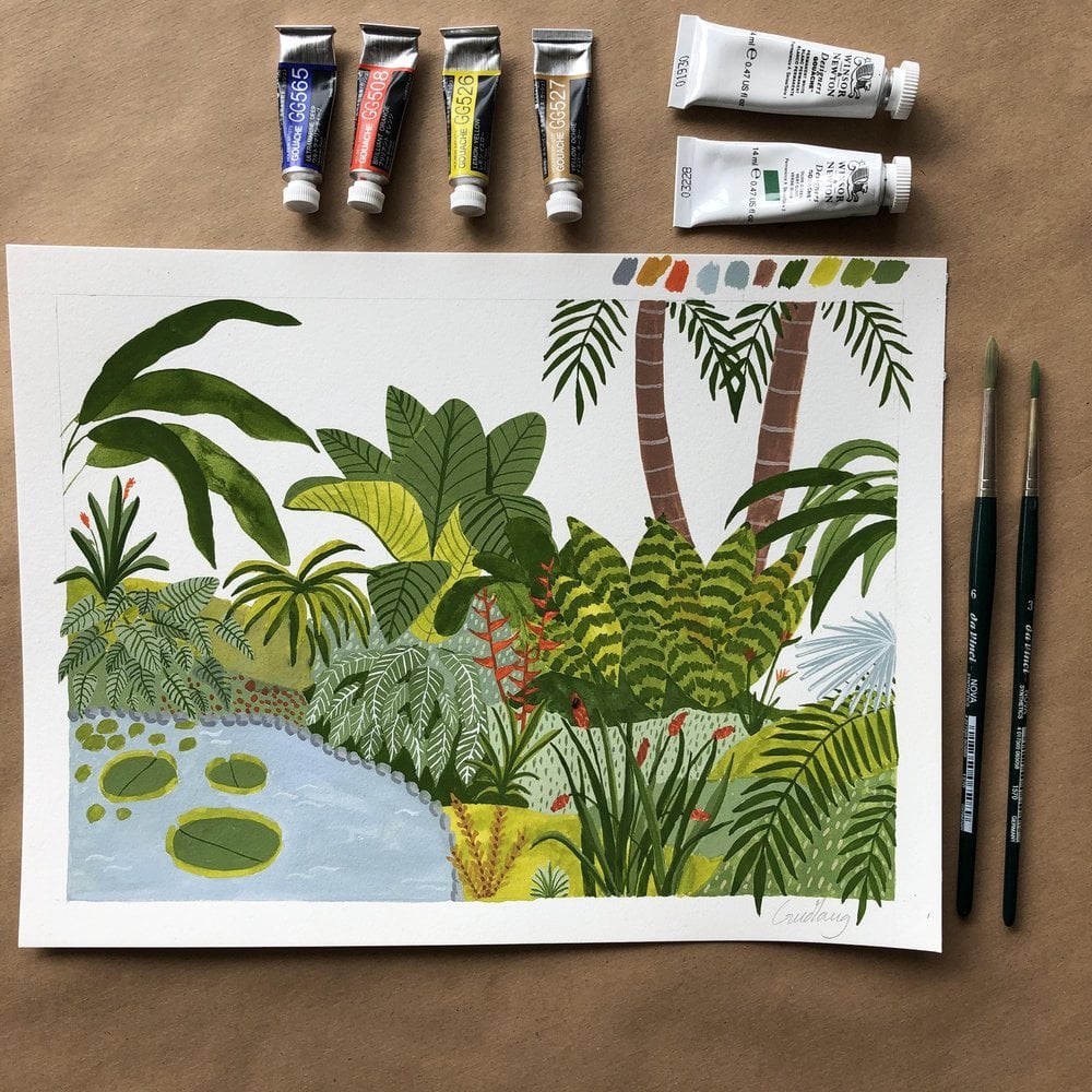 Gouache illustration by Skillshare student Gudlaug T ., who created the work for Sara Boccaccini Meadows’ Skillshare Originals class, Botanical Illustration: Paint a Colorful Garden with Watercolor and Gouache