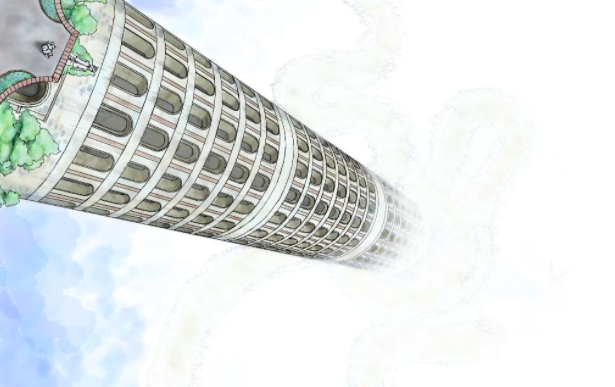 Na renderização final dessa torre, as nuvens obscurecem muitos dos detalhes abaixo, aumentando a ideia de que o edifício se eleva acima das nuvens.