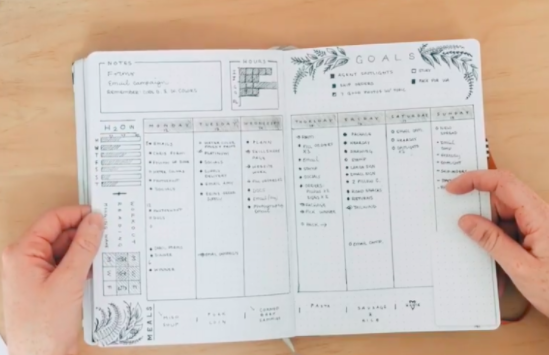 A bullet journal example from the Skillshare course “Bullet Journal Weekly Spread: Tips & Process to Make A Fresh Design!”
