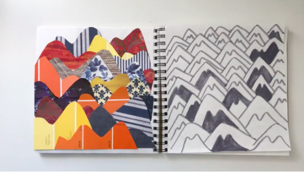 This art notebook example from Skillshare course “Defeat the Blank Page” shows that you don’t have to be limited to pens and pencils.