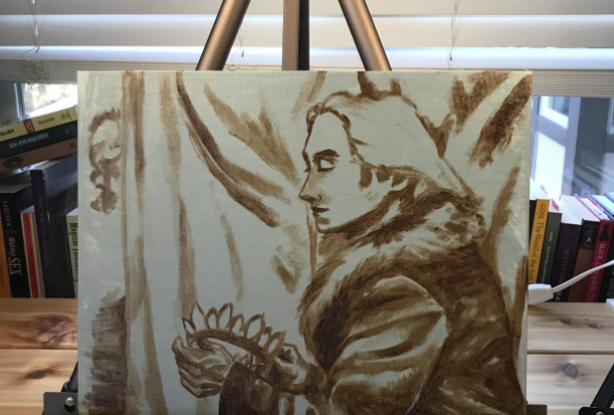 Roughly sketch your subject on the canvas in a single color before adding layers of oil paint.