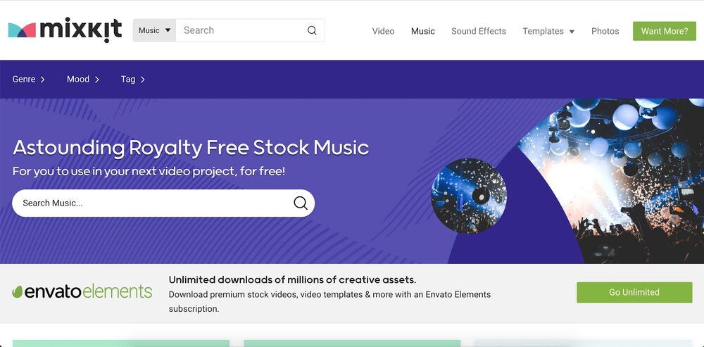 Source: https://mixkit.co/free-stock-music/ MixKit offers free stock music, along with video and other assets.