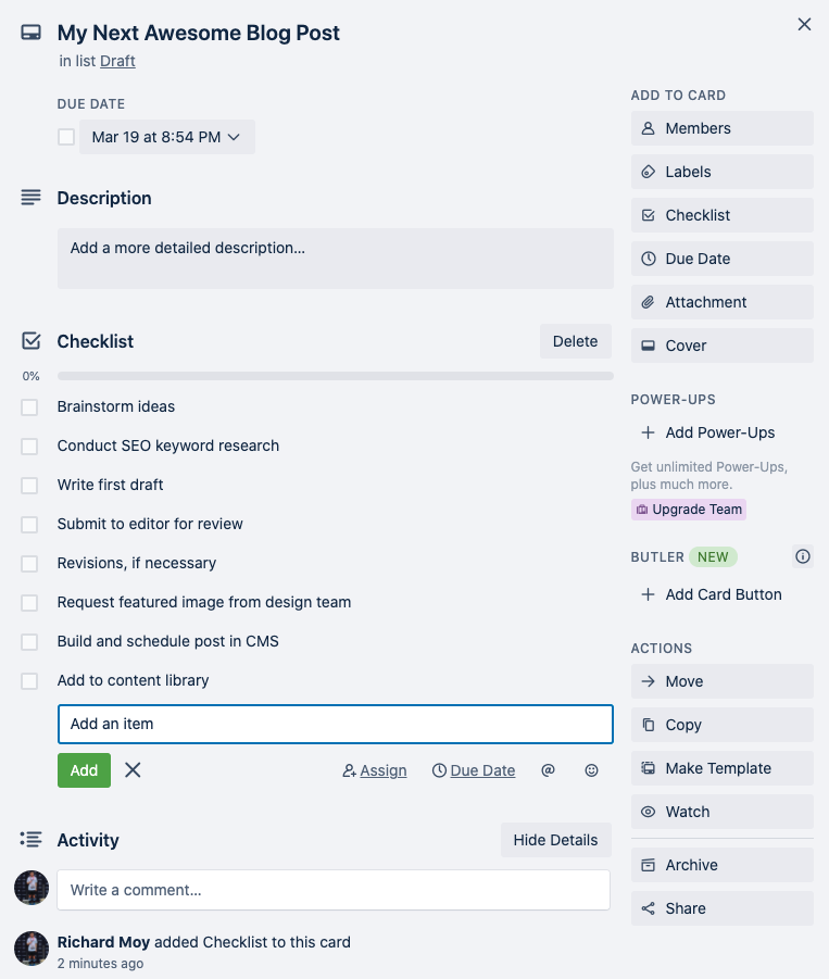 A sample Trello board that showcases each step of the creative process for writing a blog post.