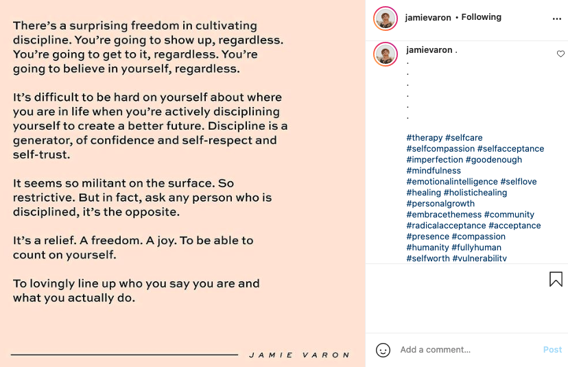 Image via   https://www.instagram.com/jamievaron/       Jamie Varon uses a mix of popular and niche hashtags to help her written content appear to people who aren’t existing followers.