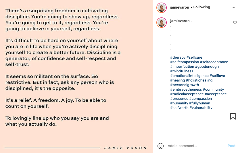 Image via https://www.instagram.com/jamievaron/ Jamie Varon uses a mix of popular and niche hashtags to help her written content appear to people who aren’t existing followers.