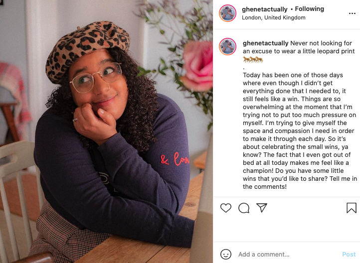 Image via   Instagram       Ghenet knows how to turn a selfie into a two-way conversation with her followers. Her warm posts help her to come across as approachable, encouraging users to share their own stories.