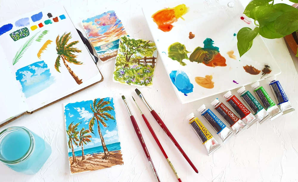 To paint with gouache you’ll need a basic collection of gouache paint, paintbrushes, paper, a palette, and water.