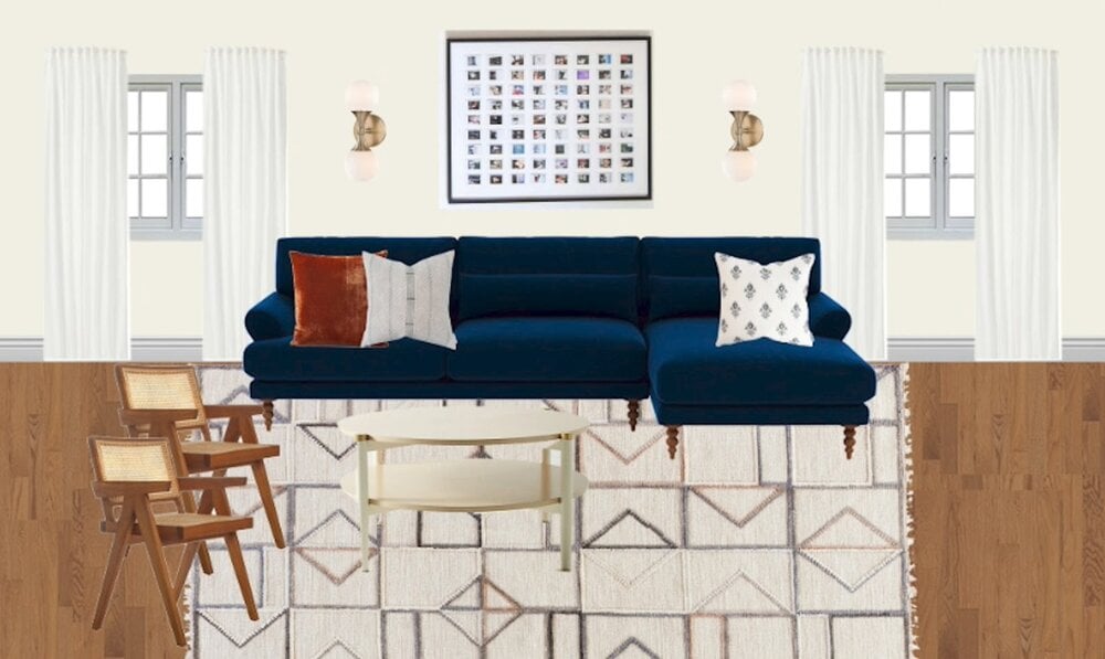 Mockup-style mood board for designer  Arlyn Hernandez ’s living room.
