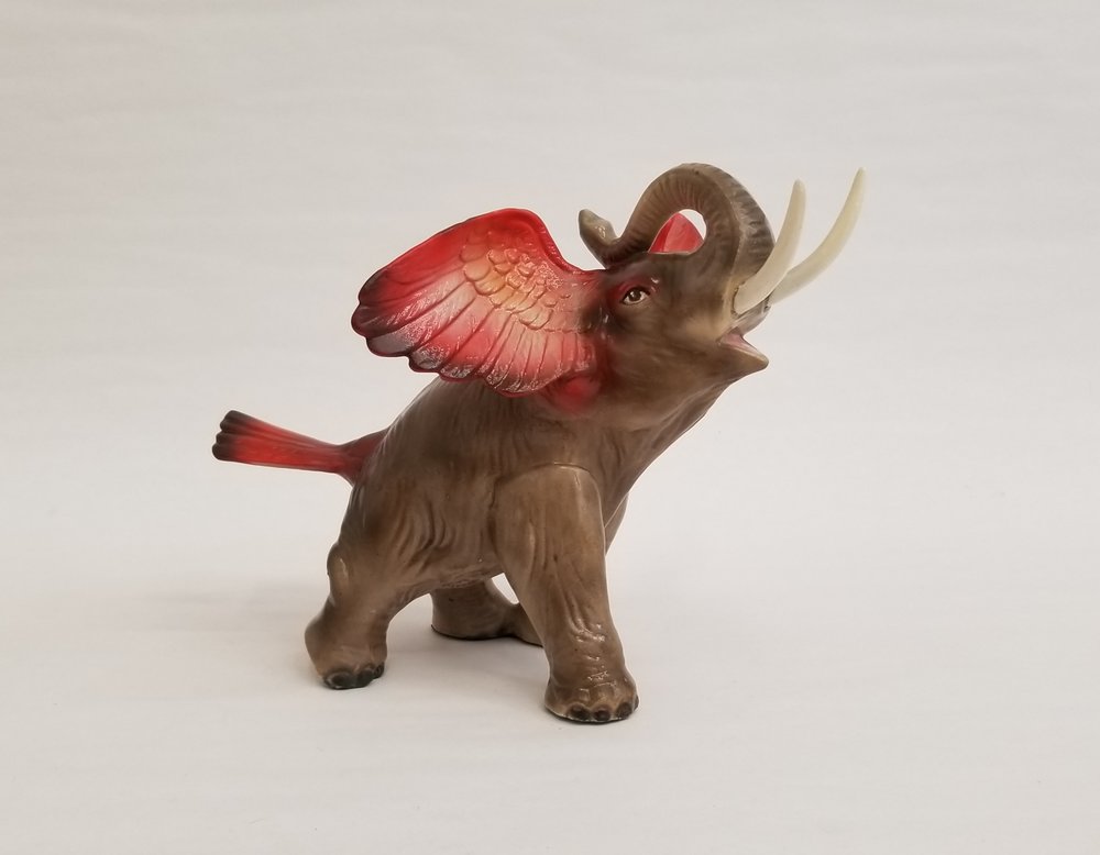 ‘Winged Elephant’ (6 x 7 x 7 inches, secondhand ceramics and mixed media, 2019) by Debra Bro