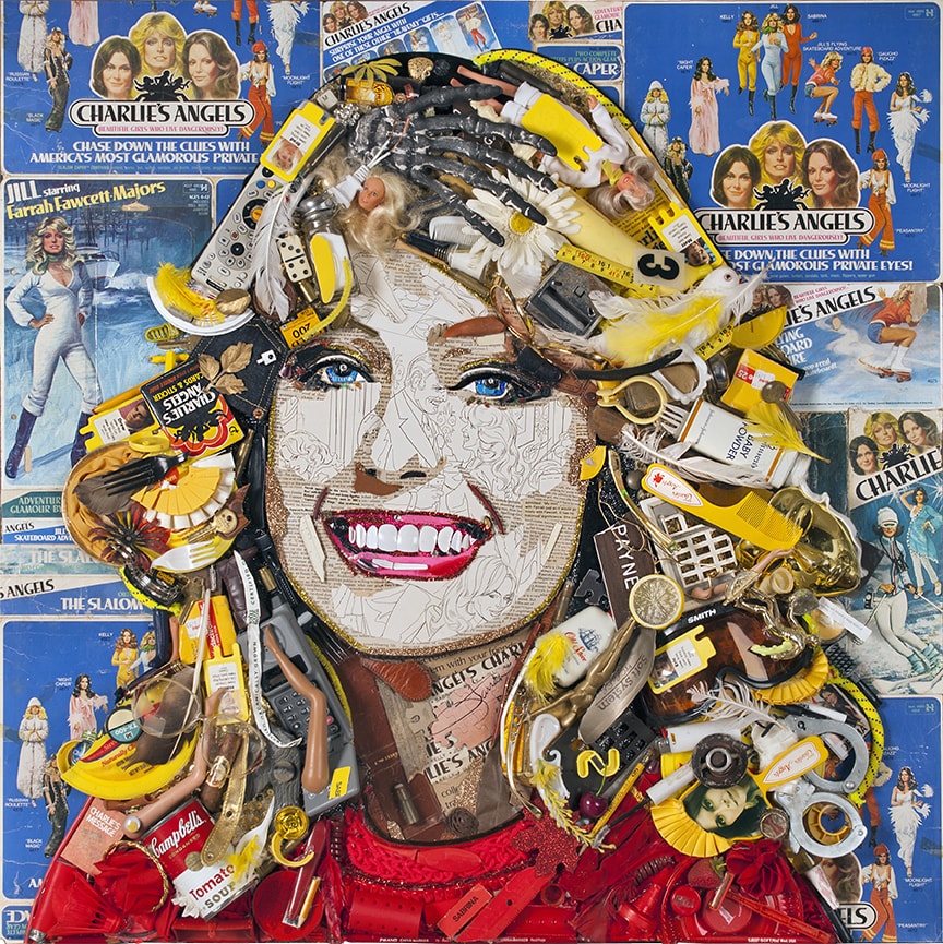 Jill (Charlie’s Angels) • Toy packaging, doll and doll parts, feathers, trading cards, film, 2014 by Jason Mecier