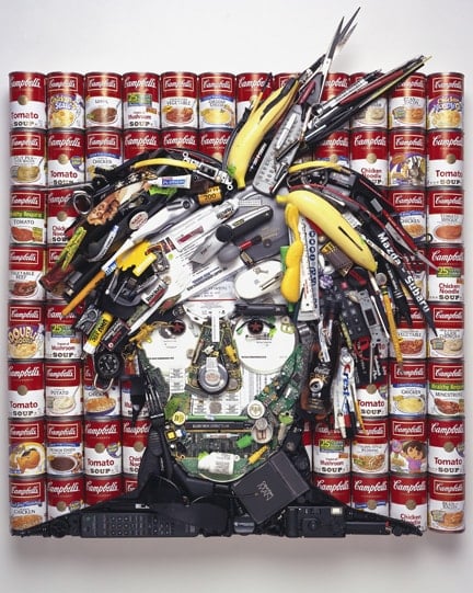 Andy Warhol • Soup cans, bananas, computer and cell phone parts, film rolls, silver ink pen, 2007 by Jason Mecier