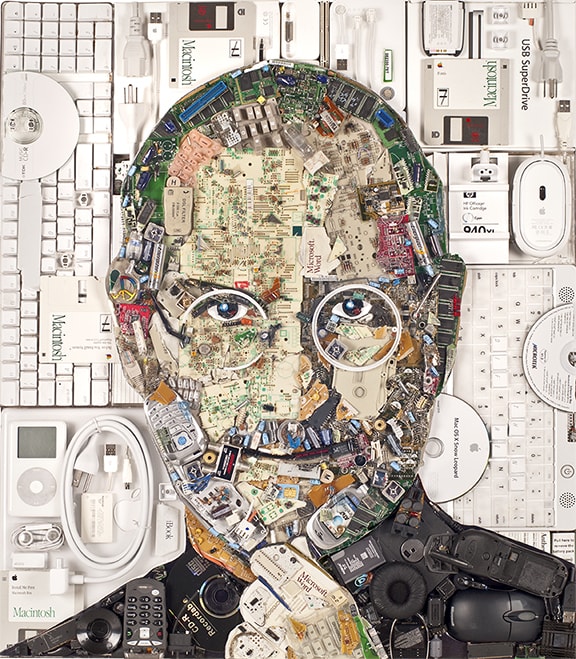 Steve Jobs • Computer products, circuit boards, electronic items, e-waste, peace symbol, 2014 by Jason Mecier