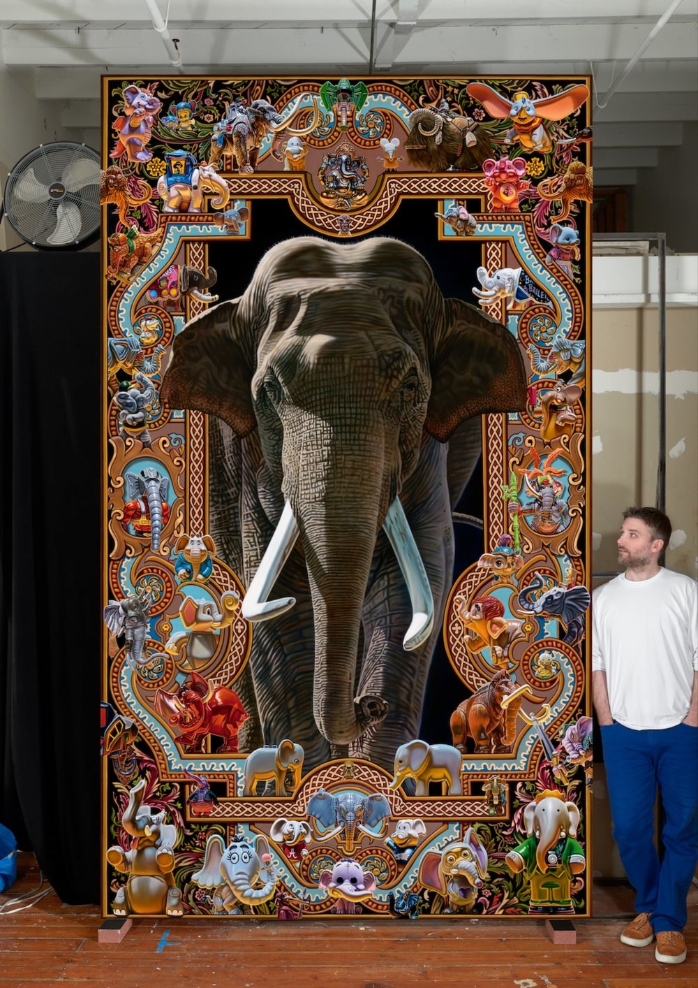 ‘Elephantidae’ (studio image, oil on canvas, 144" x 84", 2019) by Robert Xavier Burden. Photo by John Janca