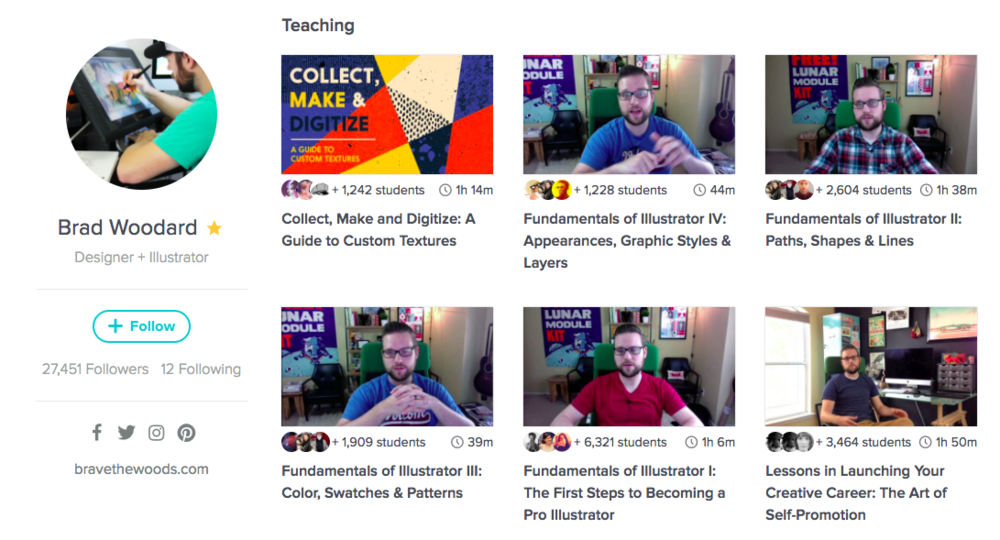 Brad Woodard has developed a series of classes around Adobe Illustrator. In the class description for each of these classes, he introduces students to his other classes and offers a brief explanation as to how the classes fit together.