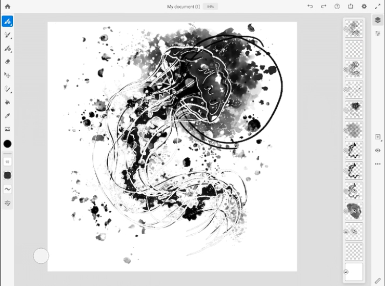 Splatter jellyfish illustration from Skillshare instructor Heidi Cogdill’s course, Inky Splatter Illustrations using Adobe Fresco Watercolor Brushes and Brush Selection Tool .