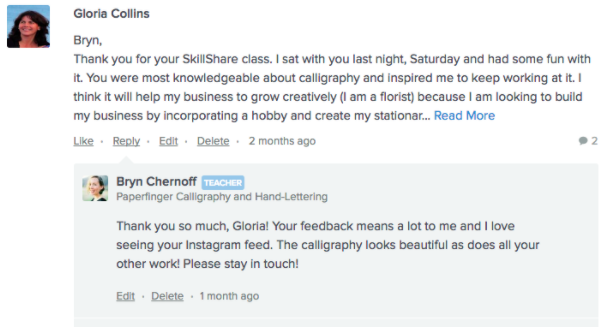 An example exchange between a Skillshare student and instructor
