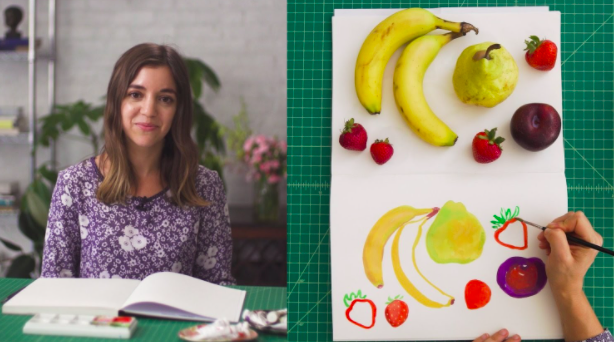 In Leah Goren’s class on painting with gouache for beginners, she shows students how to paint a still life using different fruits.