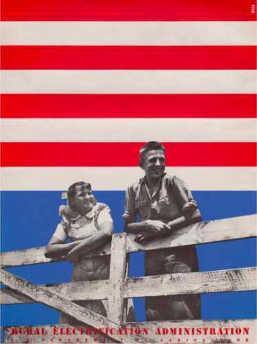 In this poster for the Rural Electrification Administration, Lester Beall combined the colors of the American flag with a black-and-white photo. | Retro Design Mega Guide by Skillshare