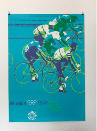 This poster featuring cyclists in tones of blue and green was designed for the 1972 Olympics by Otl Aicher. | Retro Design Mega Guide by Skillshare