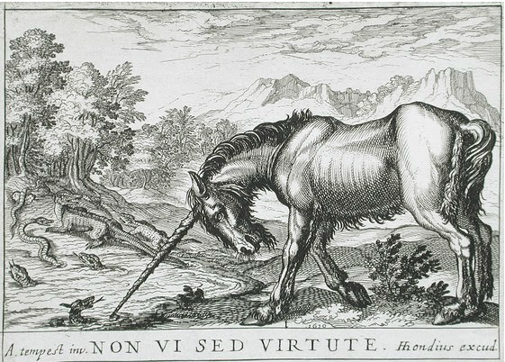 In this etching, a unicorn stands its ground against invasive lizards.