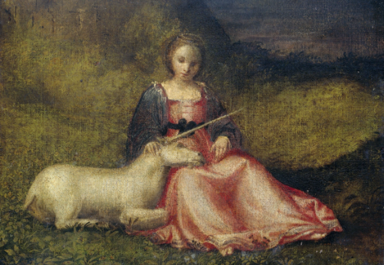 This painting, of unknown origin, shows a woman with a small unicorn.