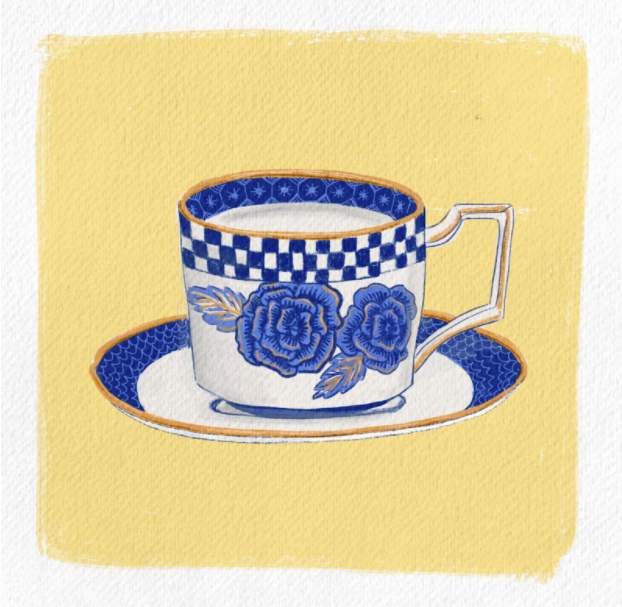 A aluna da Skillshare, Norma Jean Vela, mostra as qualidades planas e foscas do guache nesta pintura de xícara de chá. 