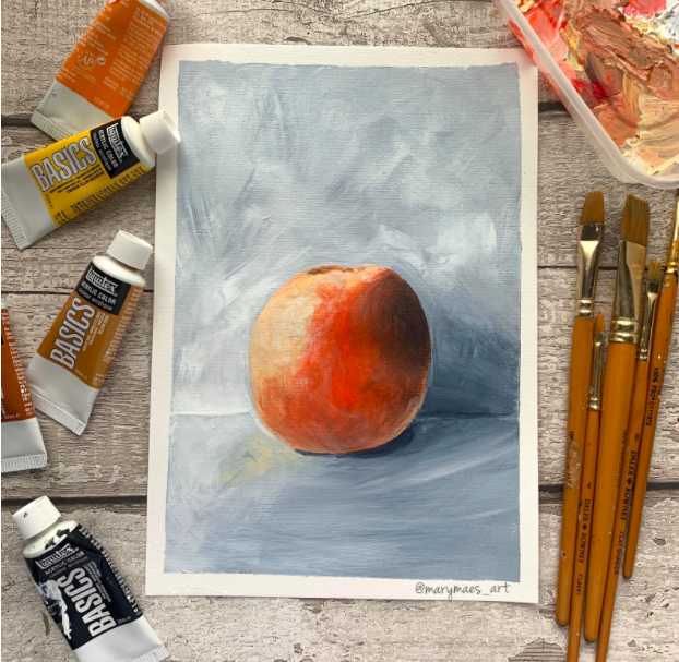 A aluna da Skillshare, Mary Ann, usou a tinta acrílica para criar essa pintura de laranja. 